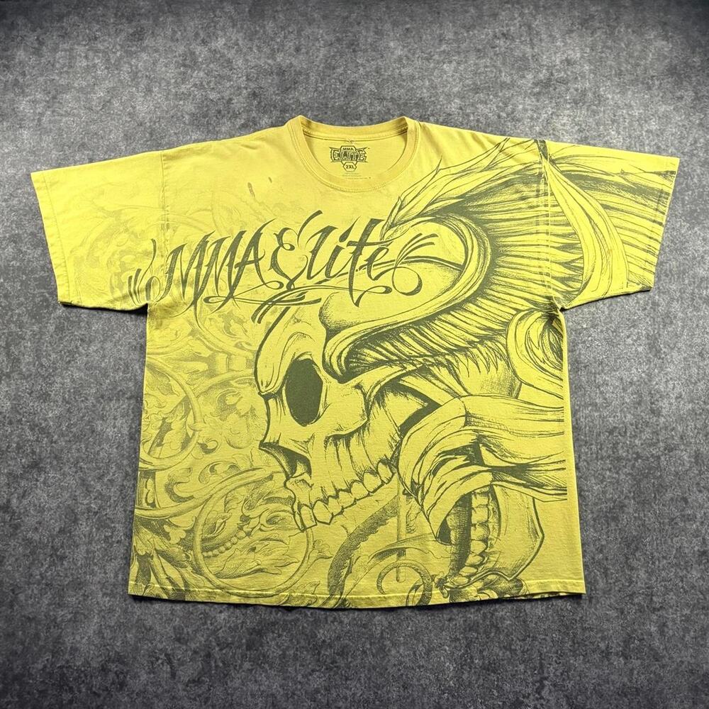 MMA Elite Mens 2XL Yellow Skull Graphic Tee Gothic Y2K MMA Grunge Shirt